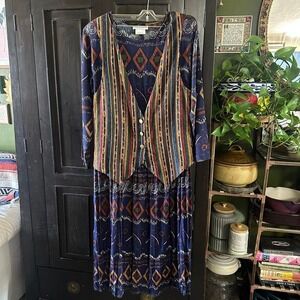 Vintage Allison gray‎ size 6 multi-coloured Aztec print dress with matching vest